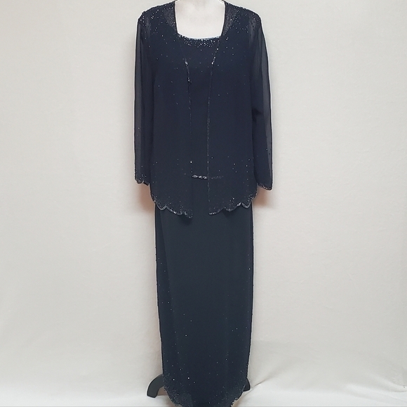 Vintage J Kara Navy Blue Chiffon Beaded Scalloped Maxi Dress Jacket Set 16 - Picture 3 of 16